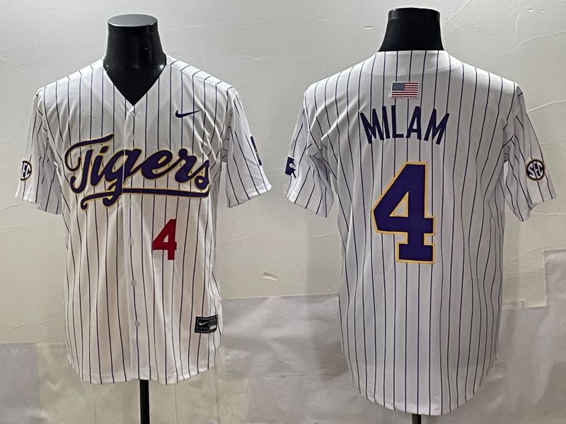 Men 2025 LSU Tigers #4 Milam White Stripe Nike Joint Name Nike NCAA Jersey style 4->ncaa teams->NCAA Jersey